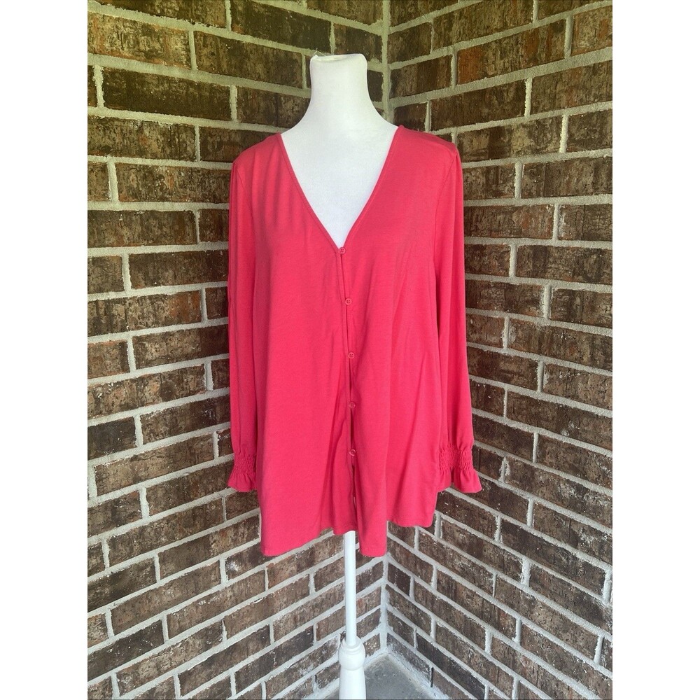 Lands’ End Women's Long Sleeve Smocked Wrist Button Up Pink Knit Top XL-18